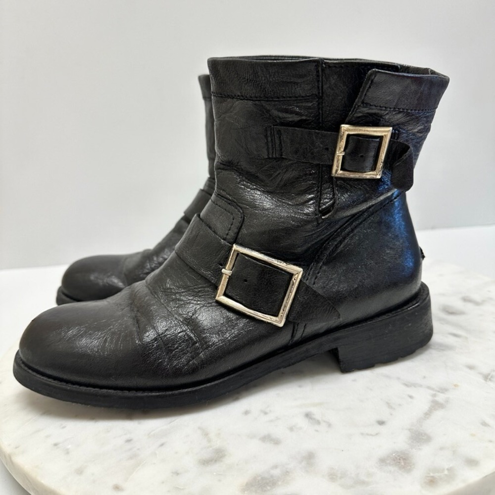Jimmy‎ Choo Biker Boot Womens 39 9 Black Leather Ankle Buckles Pull On Moto Edgy - Picture 5 of 14